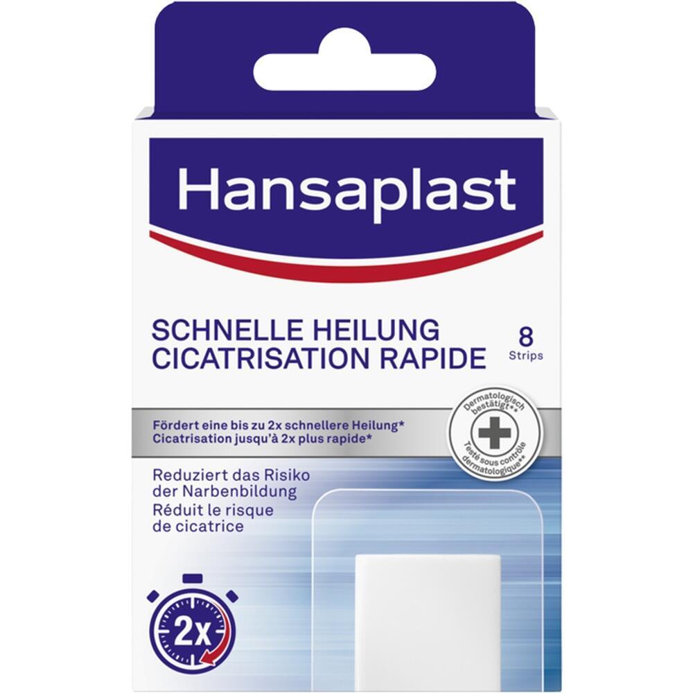Eine Packung Hansaplast Schnellheilungs-Pflaster mit 8 Streifen.