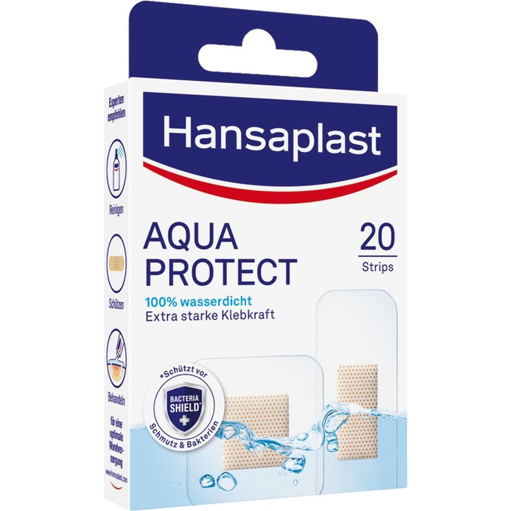 Eine Packung Hansaplast Aqua Protect Pflaster, wasserfest und stark klebend.