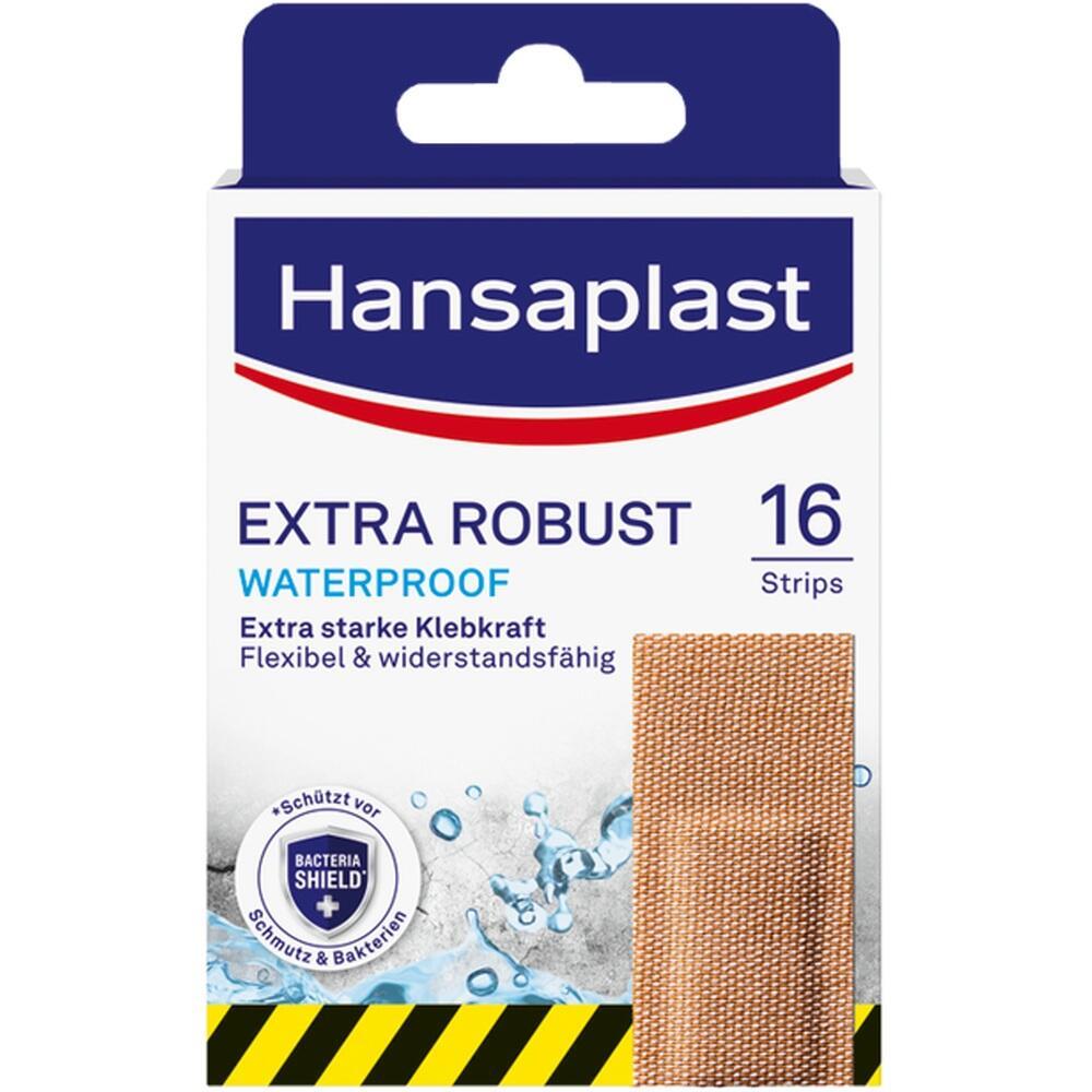 Eine Packung wasserfeste Pflaster von Hansaplast, extra robust und in 16 Streifen.