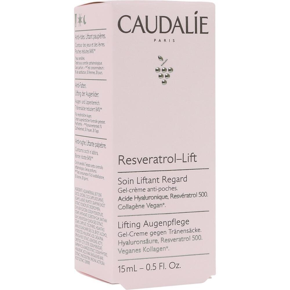 Eine rosa Schachtel mit Aufschrift "Caudalie Resveratrol-Lift" Lifting-Augenpflege.