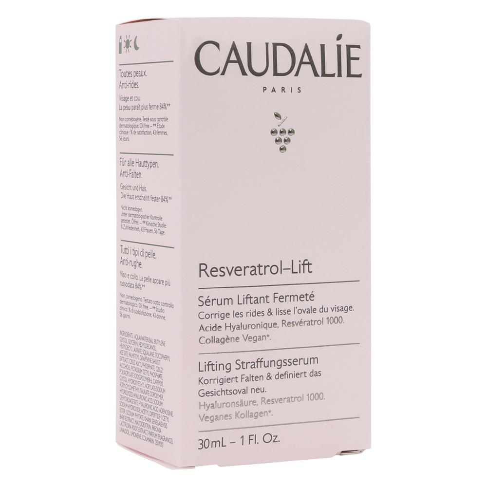 Eine rosa Verpackung von Caudalie mit der Aufschrift "Resveratrol-Lift Lifting Straffungsserum".