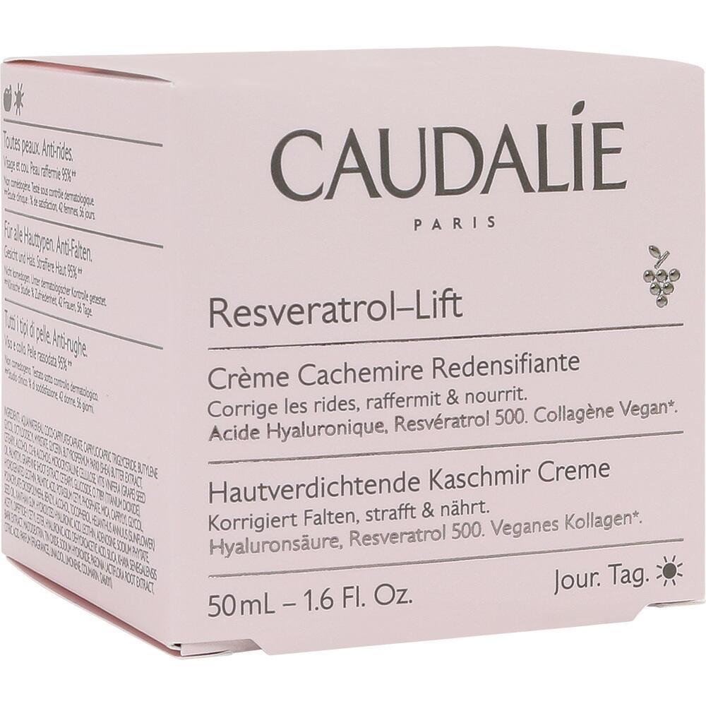Eine rosa Verpackung für eine Hautcreme namens Resveratrol-Lift von Caudalie.