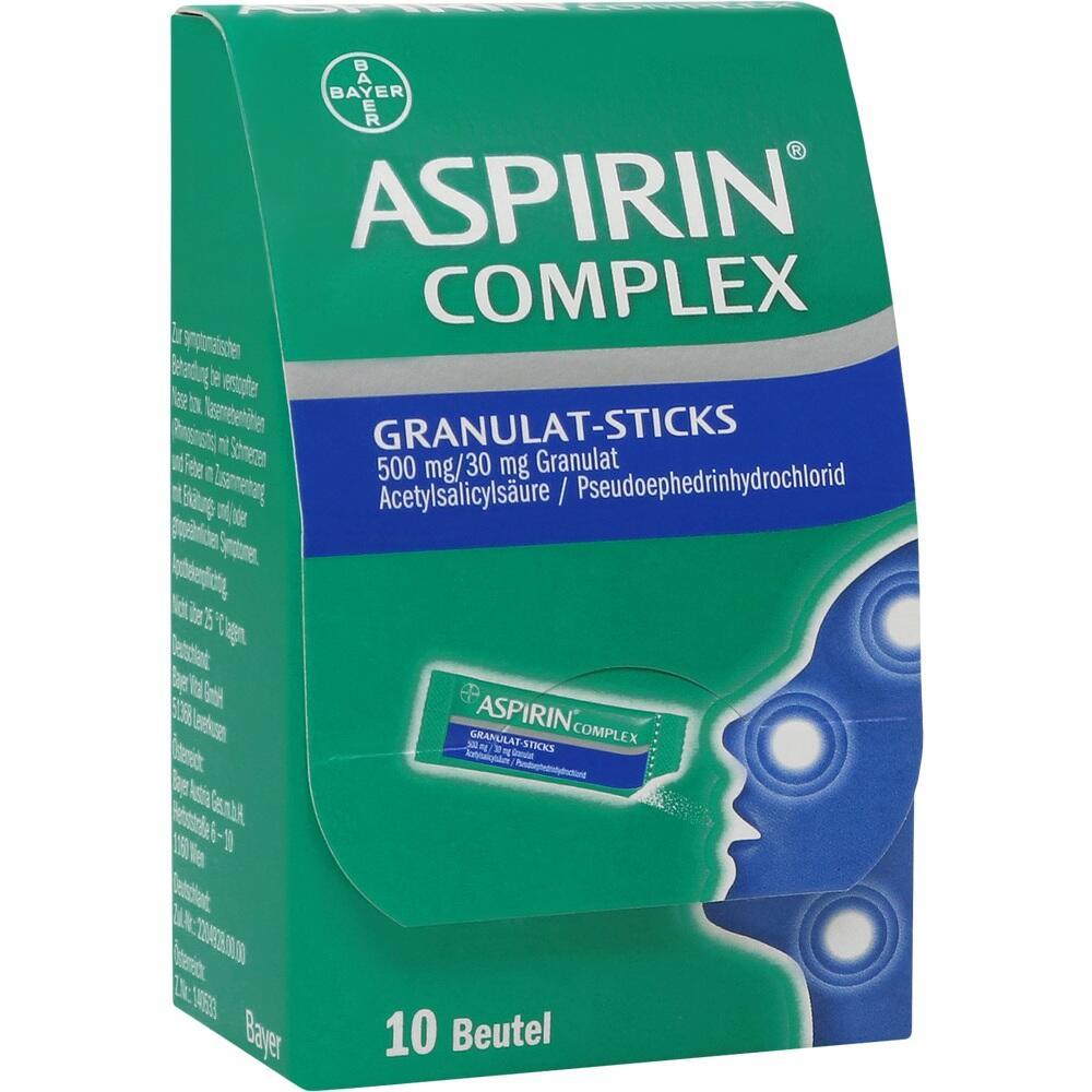 Grüne Packung von Aspirin Complex Granulat-Sticks mit 10 Beuteln.