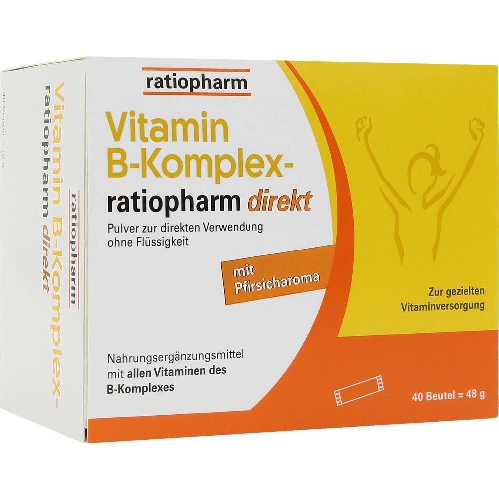 Weiße Packung von Vitamin B-Komplex ratiopharm mit Pfirsichgeschmack.