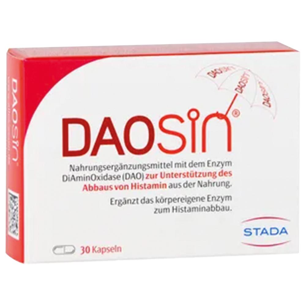 Eine Packung mit Nahrungsergänzungsmittel-Kapseln namens DAOsin von STADA.