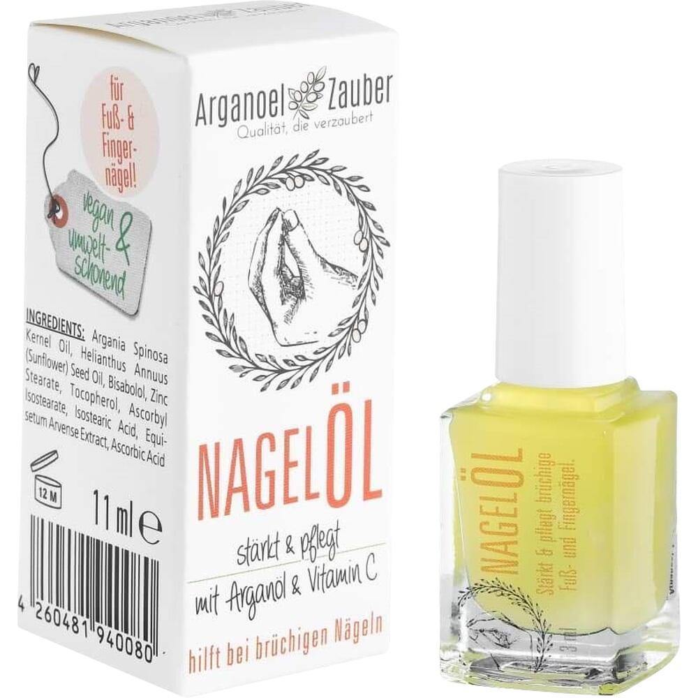 Eine Flasche Argan&ouml;l-Nagel&ouml;l neben der Verpackung mit Informationen und Zutaten.