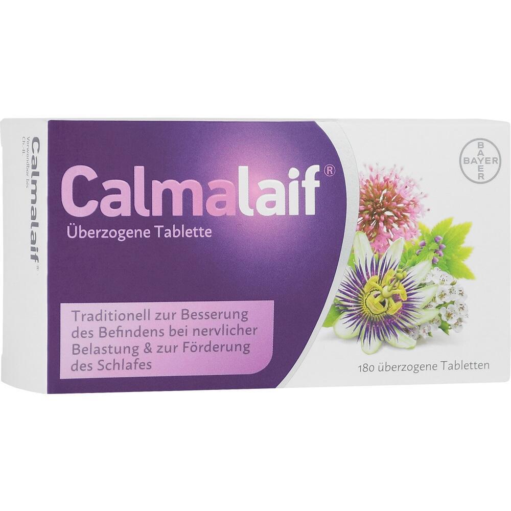 Packung mit "Calmalaif"-Tabletten zur Beruhigung und Schlaf­förderung, abgebildet mit Pflanzen.