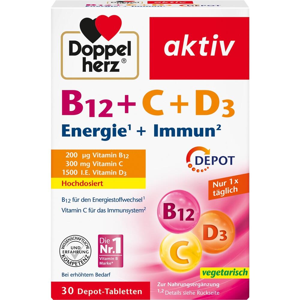 Verpackung von Vitamin-Tabletten mit B12, C und D3 f&uuml;r Energie und Immunsystem.