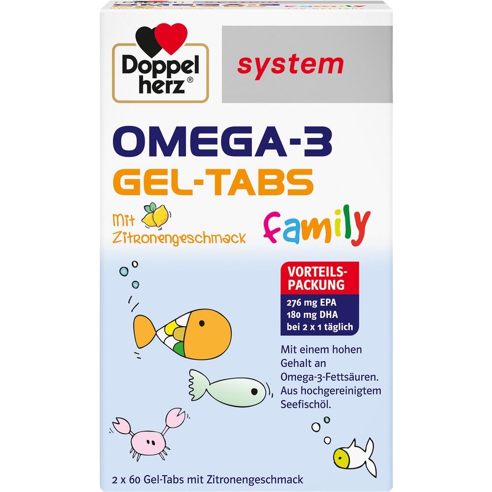 Packung Omega-3 Gel-Tabs mit Zitronengeschmack und bunten Fischen.