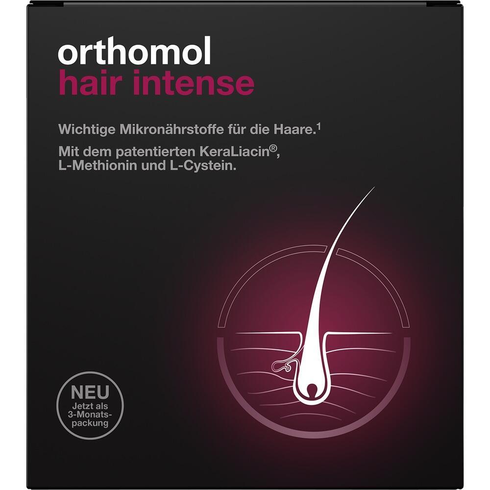 Eine Verpackung von "orthomol hair intense" mit einer Zeichnung eines Haarfollikels.