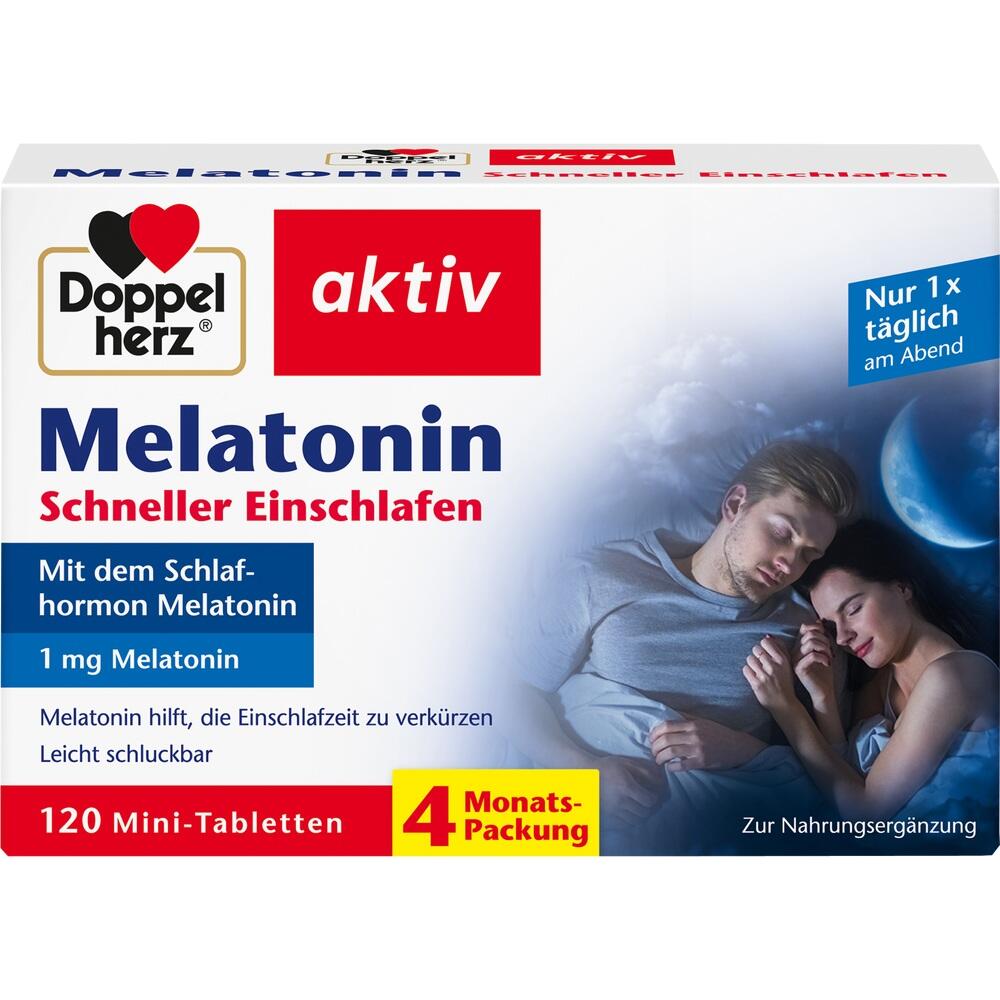 Eine Packung Melatonin-Tabletten mit einem schlafenden Paar abgebildet.