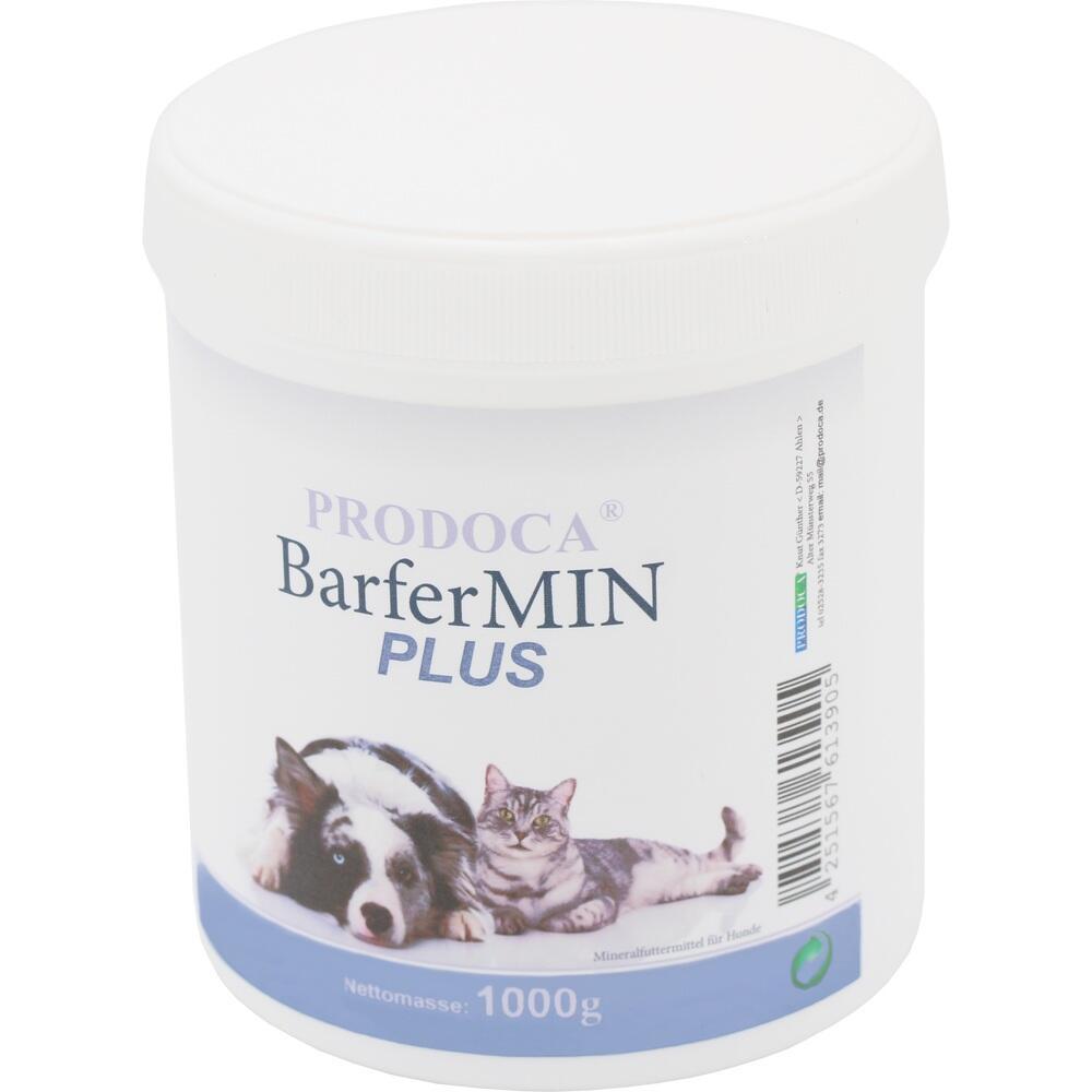 Ein wei&szlig;er Beh&auml;lter mit einem Hund und einer Katze auf dem Etikett, beschriftet mit "BarferMIN Plus".
