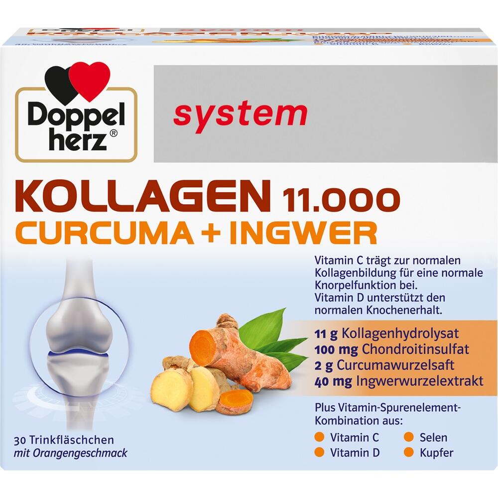 Verpackung eines Nahrungserg&auml;nzungsmittels mit Kollagen, Curcuma und Ingwer, Orangegeschmack.