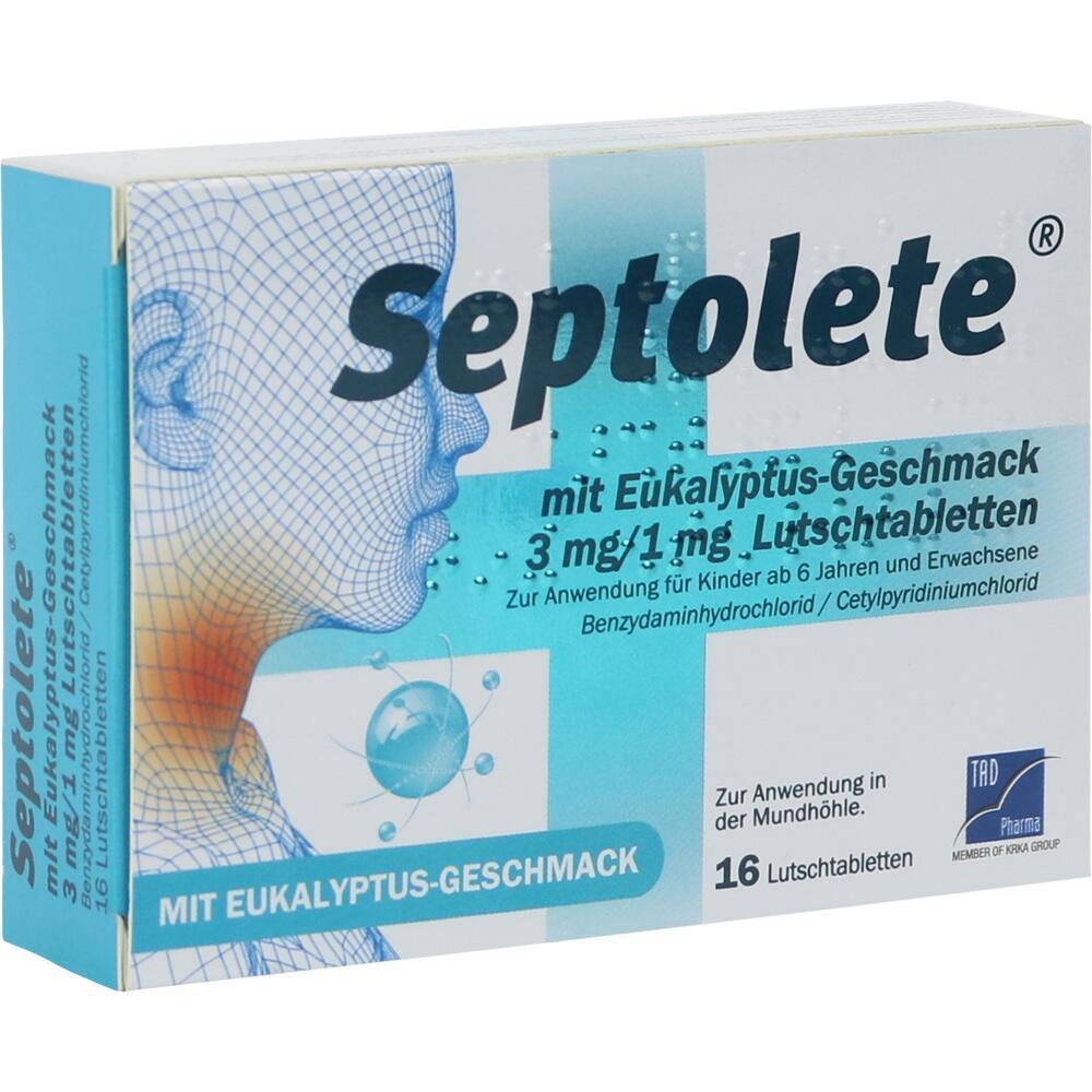Packung Septolete Lutschtabletten mit Eukalyptusgeschmack f&uuml;r Hals und Mund.