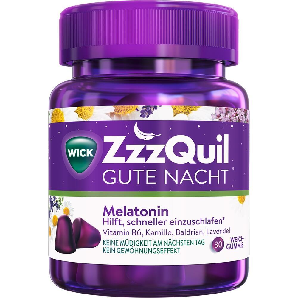 Lila Dose von ZzzQuil Gute Nacht mit Melatonin-Weichgummis für besseren Schlaf.