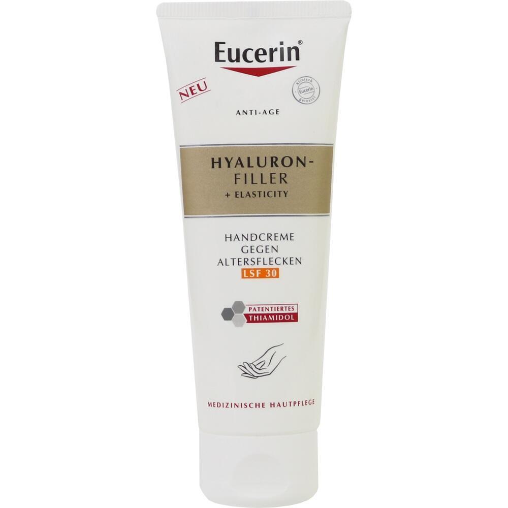 Weiße Tube Eucerin Handcreme gegen Altersflecken mit LSF 30.