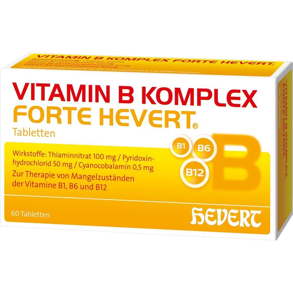 Gelbe Packung mit Vitamin-B-Komplex-Tabletten von Hevert.