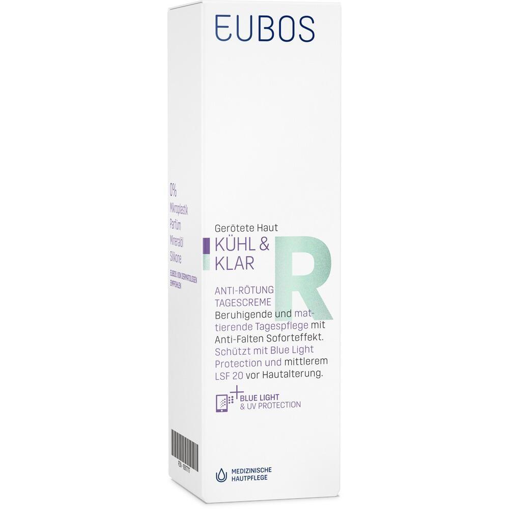 Weiße Verpackung einer Tagescreme gegen Rötungen von EUBOS.