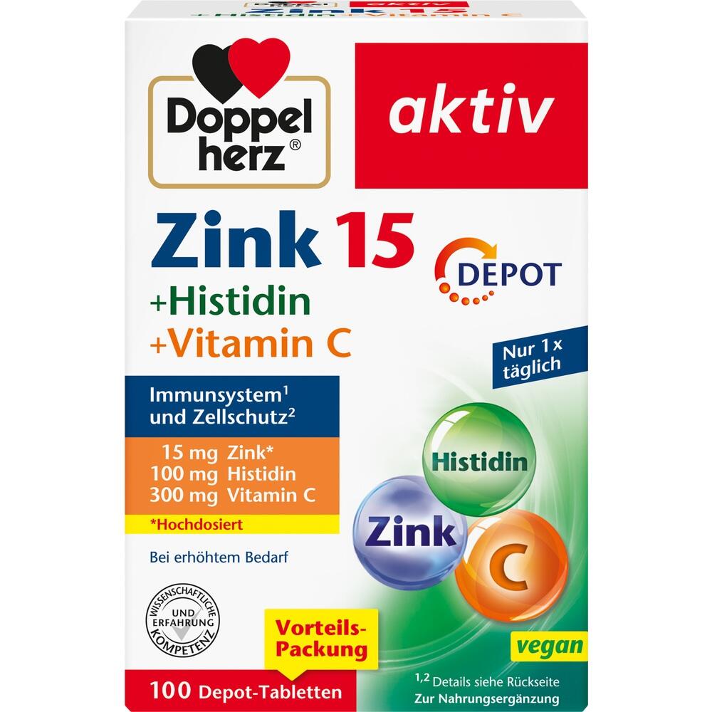 Eine Packung Nahrungserg&auml;nzungsmittel mit Zink, Histidin und Vitamin C.