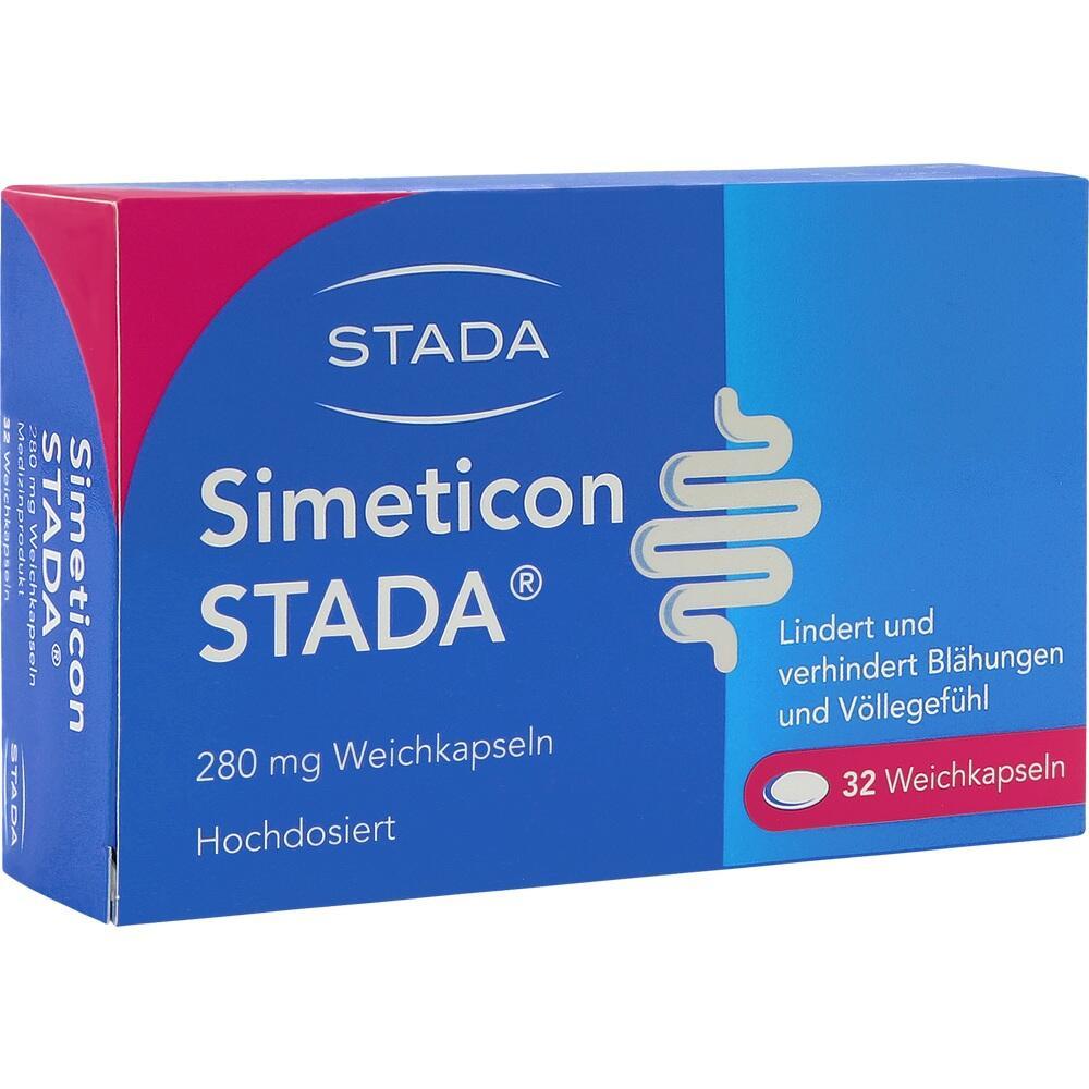 Blau-rote Verpackung von Simeticon STADA gegen Blähungen, enthält 32 Weichkapseln.