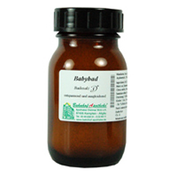 Braunes Glasgefäß mit schwarzem Deckel und Etikett.