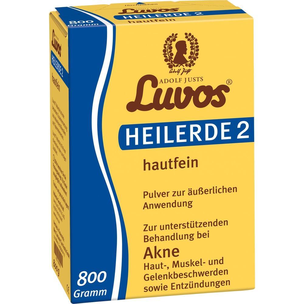 Gelbe Schachtel von Luvos Heilerde 2 zur äußerlichen Anwendung bei Hautproblemen.