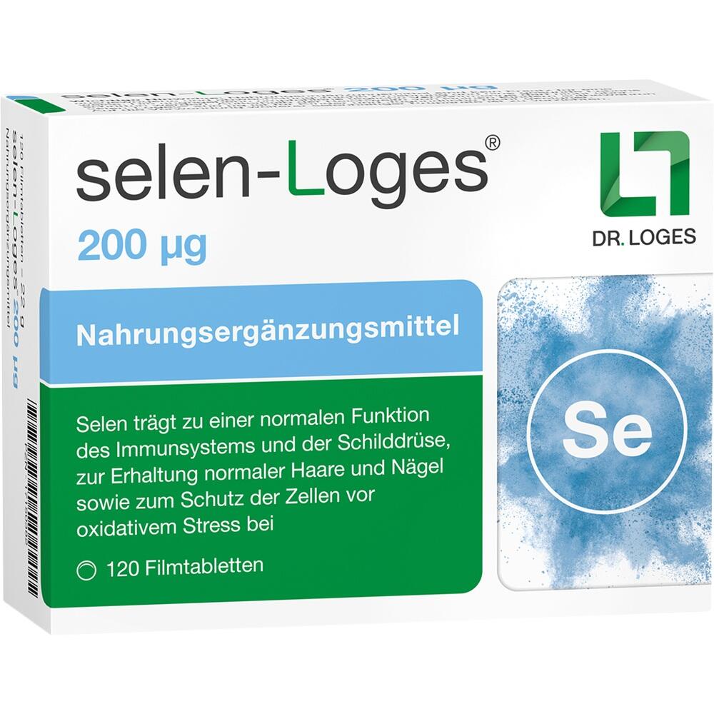 Wei&szlig;e Packung mit Aufschrift "selen-Loges", Nahrungserg&auml;nzungsmittel mit 200 &micro;g Selen.