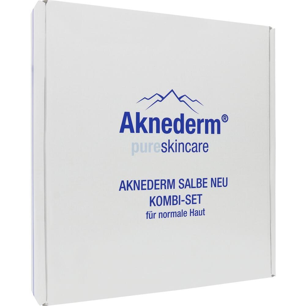 Weiße Verpackung mit der Aufschrift "Aknederm Salbe Neu Kombi-Set für normale Haut".
