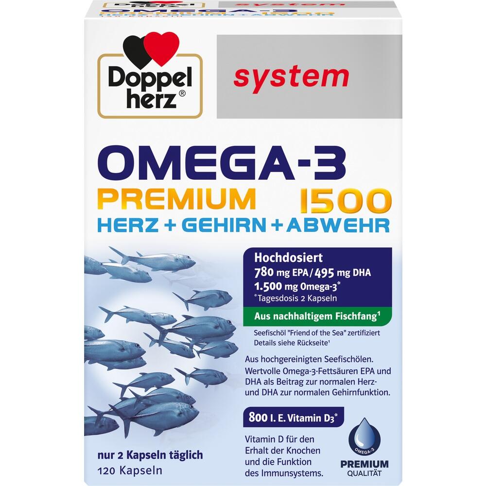 Wei&szlig;e Verpackung von Omega-3-Kapseln mit Fischabbildungen und Dosierungsangaben.