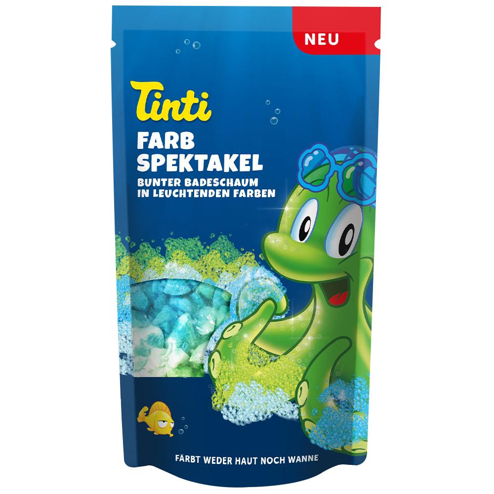 Bunte Badeschaum-Verpackung mit l&auml;chelndem, gr&uuml;nen Oktopus.