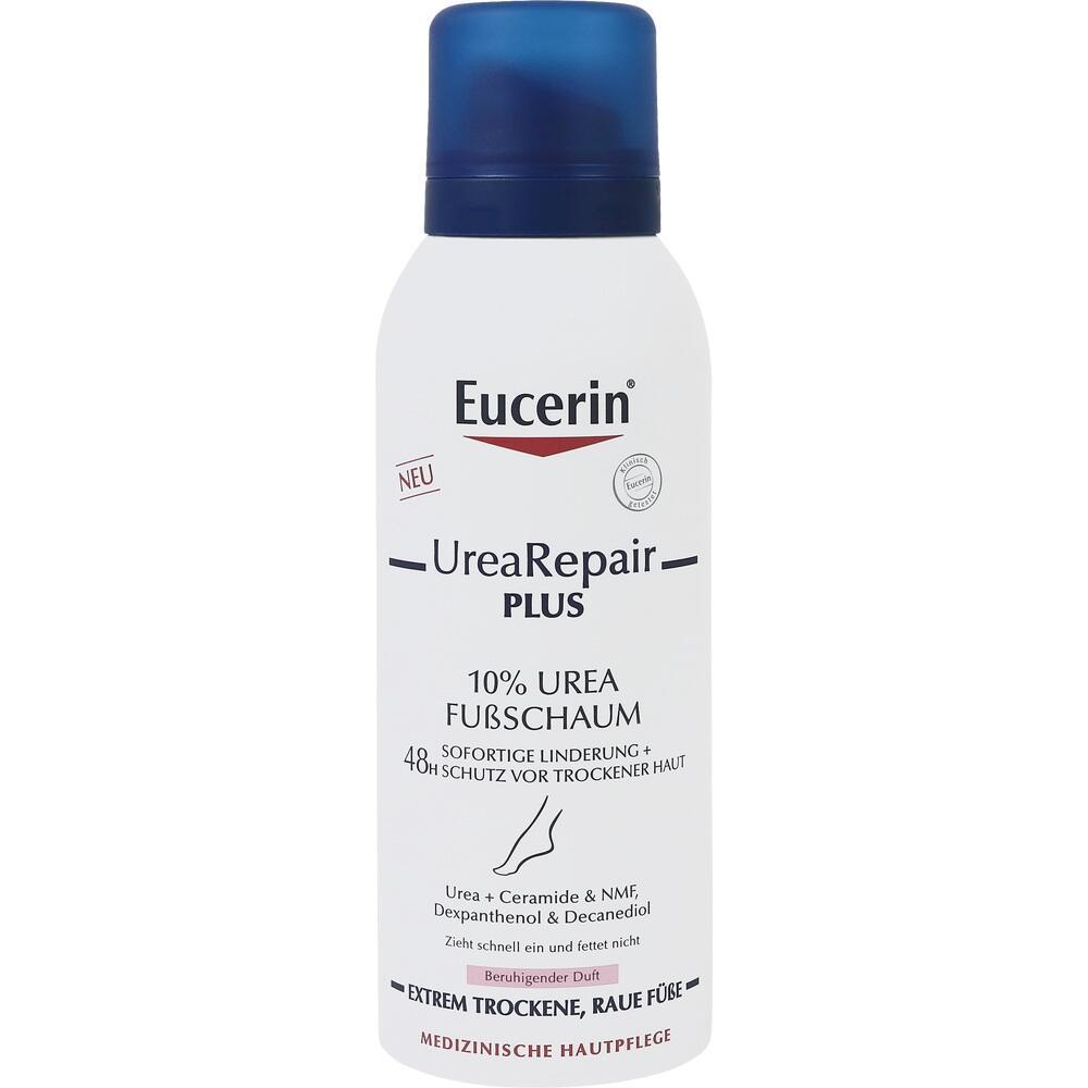Eine weiße Flasche Eucerin UreaRepair PLUS Fußschaum mit blauem Deckel.