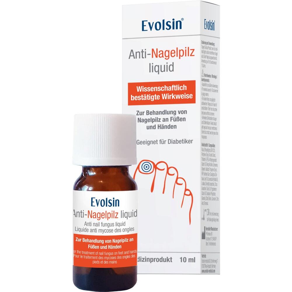 Flasche und Verpackung von Anti-Nagelpilz-Mittel namens "Evolsin".