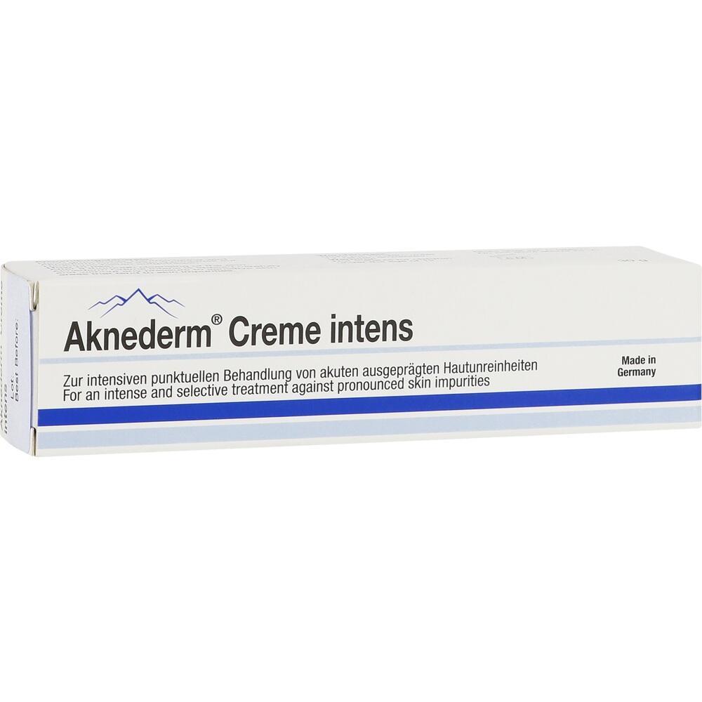 Weiße Verpackung einer Akne-Creme namens "Aknederm Creme intens".