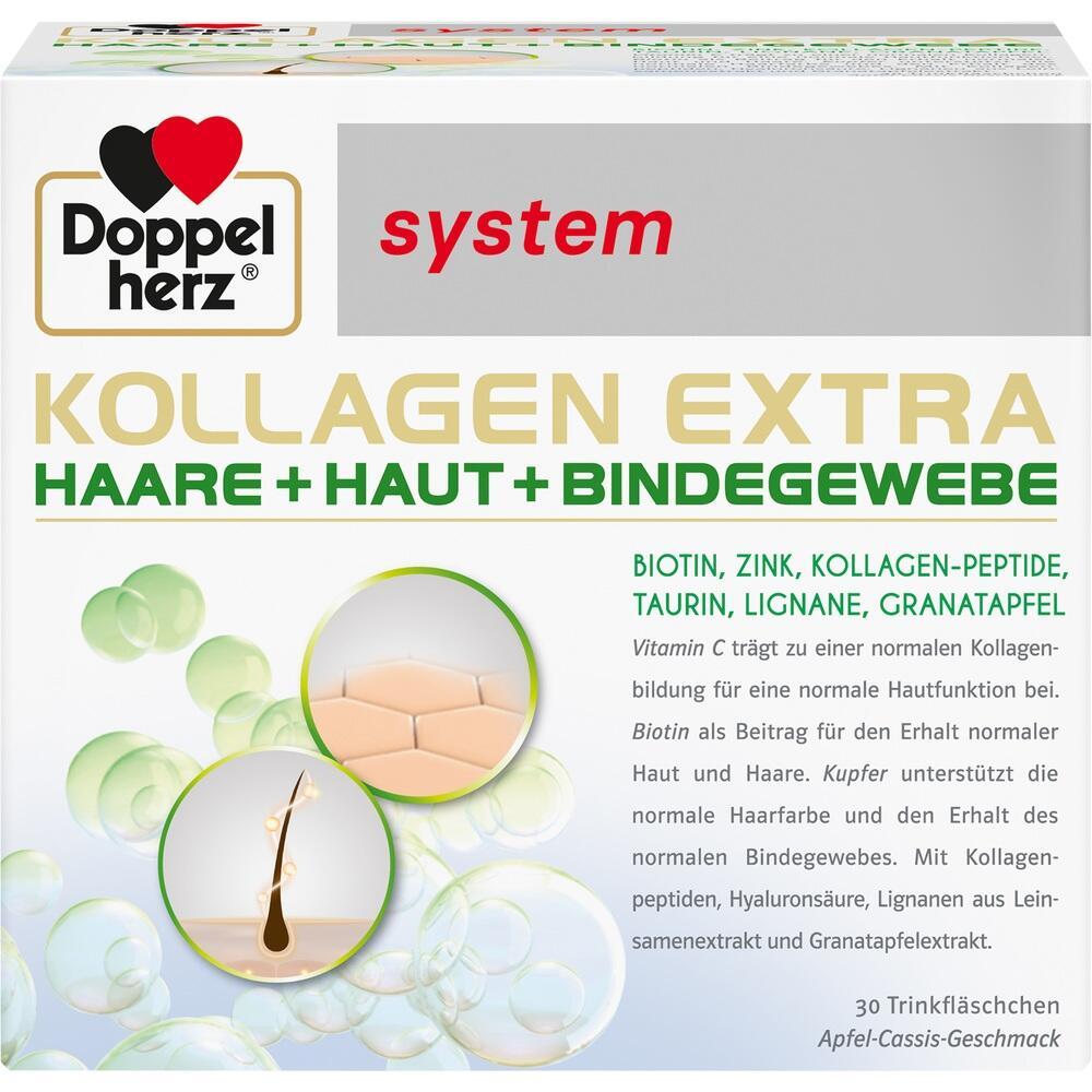 Verpackung von Doppelherz Kollagen Extra mit Informationen zu Inhaltsstoffen und Anwendung.