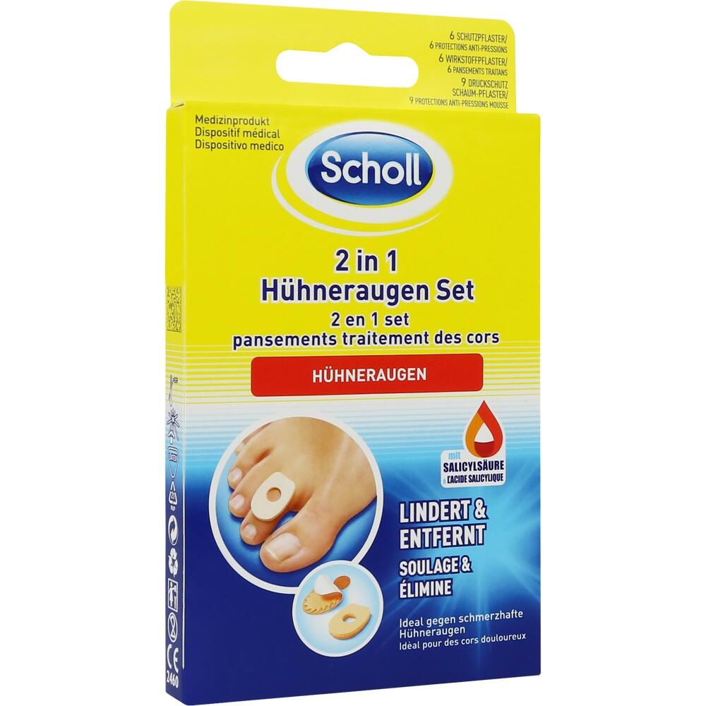 Gelbe Verpackung eines 2-in-1-Set gegen Hühneraugen von Scholl.