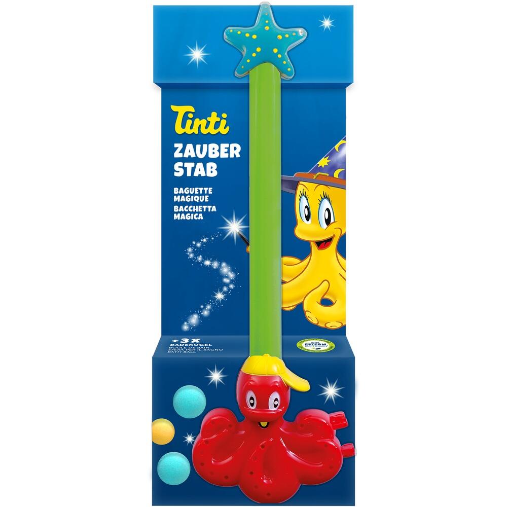 Ein bunter Zauberstab in einer blauen Verpackung mit einem lachenden Tintenfisch.