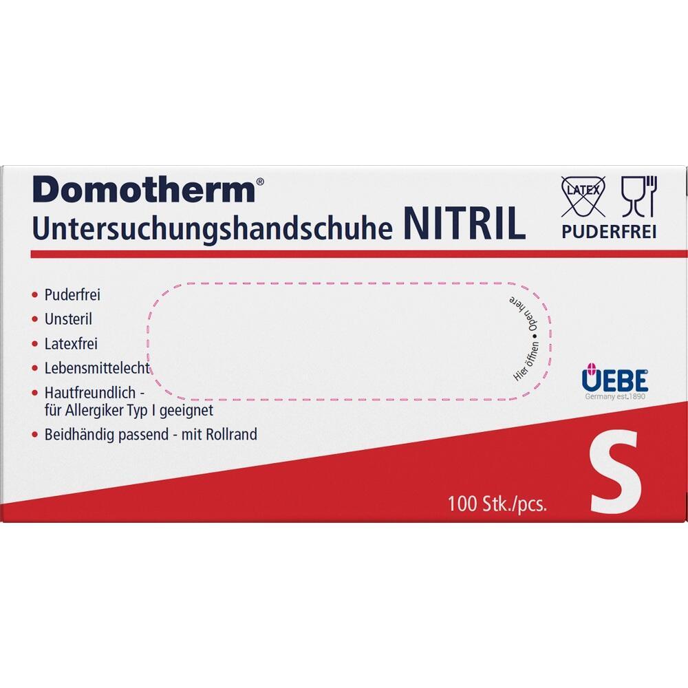 Eine Packung Nitril-Untersuchungshandschuhe in Größe S von Domotherm.