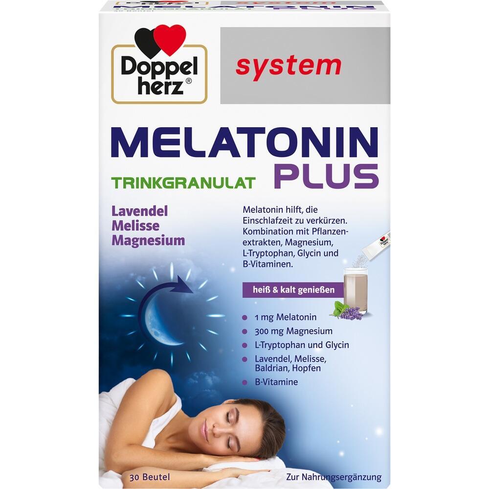Eine Packung Melatonin-Granulat zeigt eine schlafende Frau und Inhaltsstoffe zur Schlafunterst&uuml;tzung.