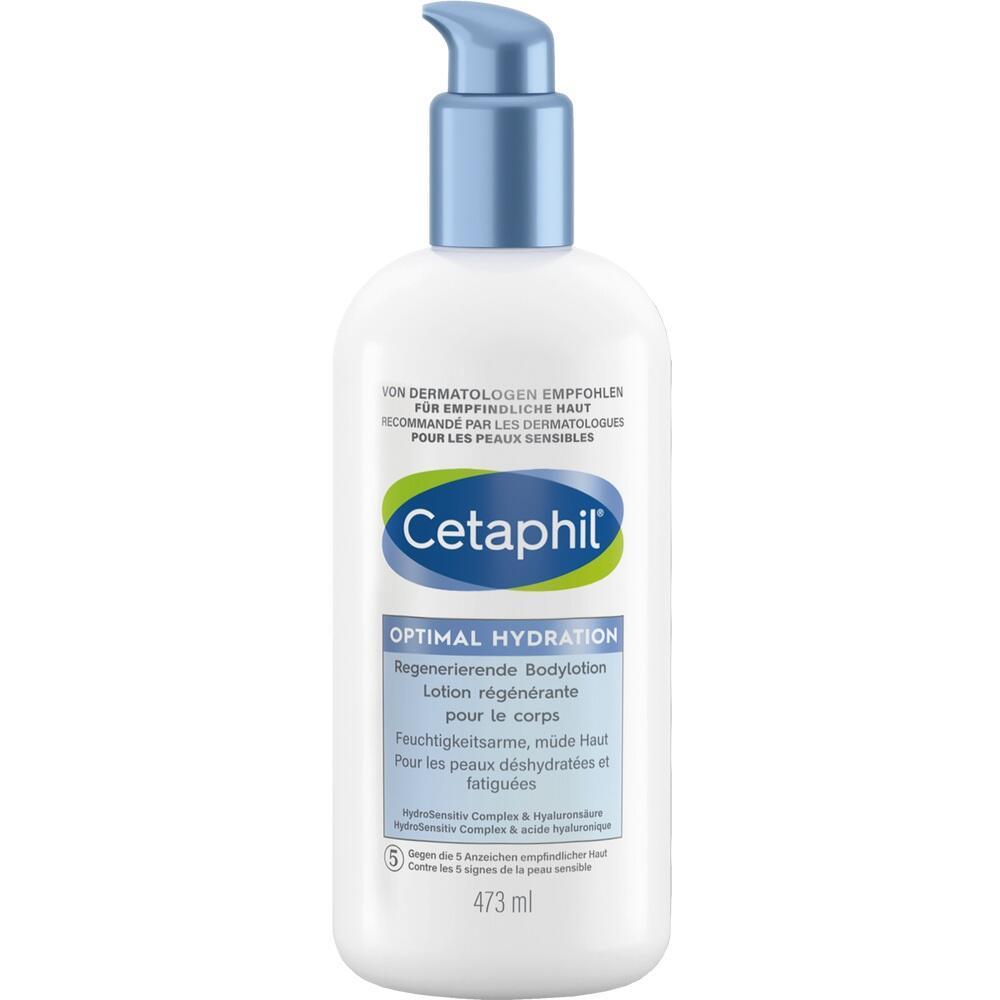 Eine weiße Lotionflasche mit blauer Pumpe und dem Etikett "Cetaphil Optimal Hydration".