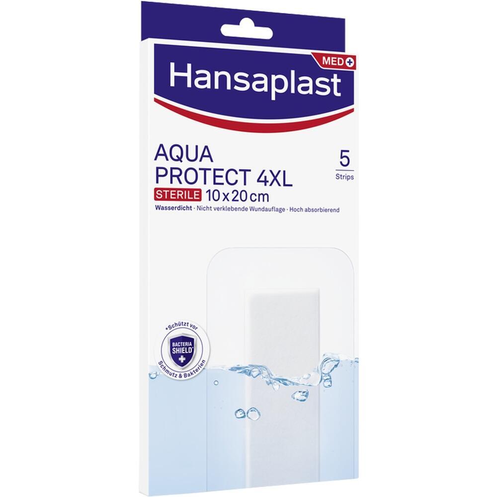 Verpackung von wasserdichten Pflastern, Größe 10x20 cm, Marke Hansaplast Aqua Protect 4XL.