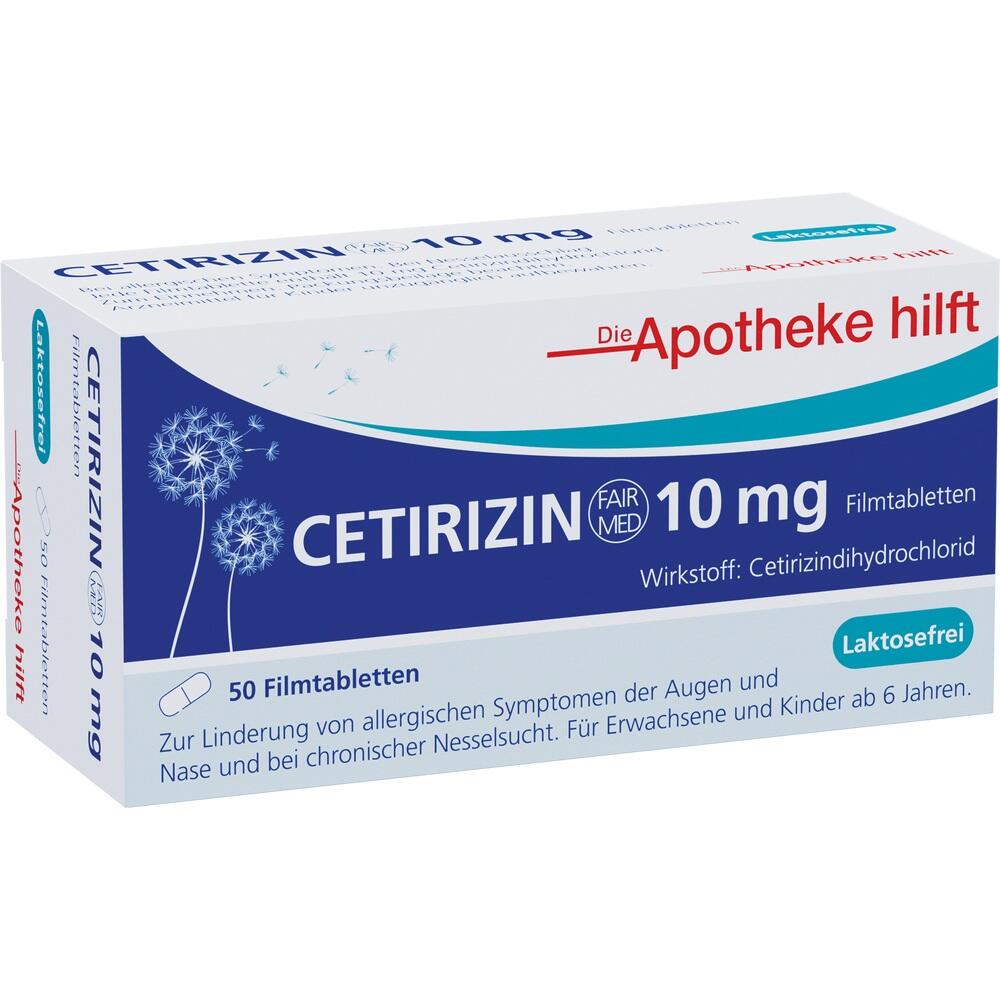 Packung Cetirizin Filmtabletten gegen Allergien, 10 mg, laktosefrei, 50 Stück.