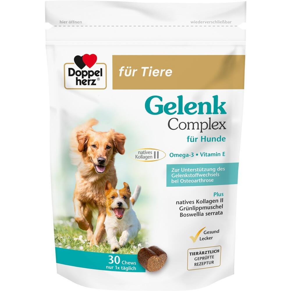 Verpackung von Gelenk-Komplex f&uuml;r Hunde mit zwei fr&ouml;hlichen Hunden vorne drauf.