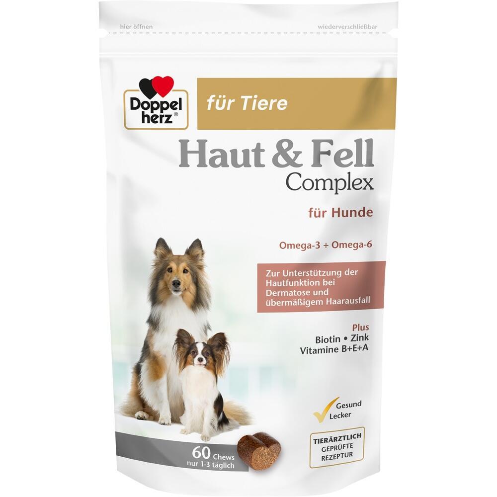 Hundeerg&auml;nzungsmittel von Doppelherz f&uuml;r Haut und Fell mit zwei Hunden auf der Verpackung.