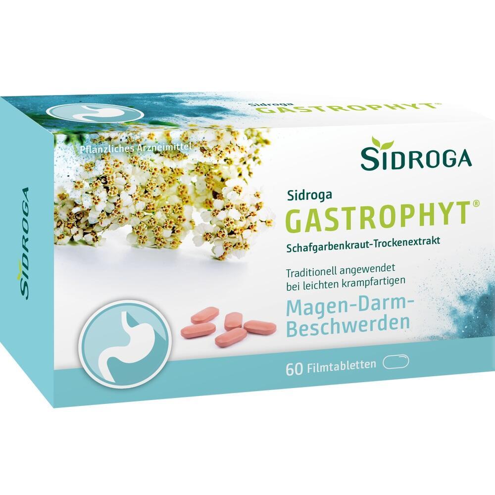 Verpackung von Sidroga GastroPhyt mit Tabletten und Kr&auml;utern auf dem Bild.