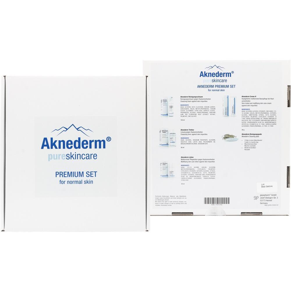 Zwei Verpackungen von Aknederm Premium Set für normale Haut sind abgebildet.
