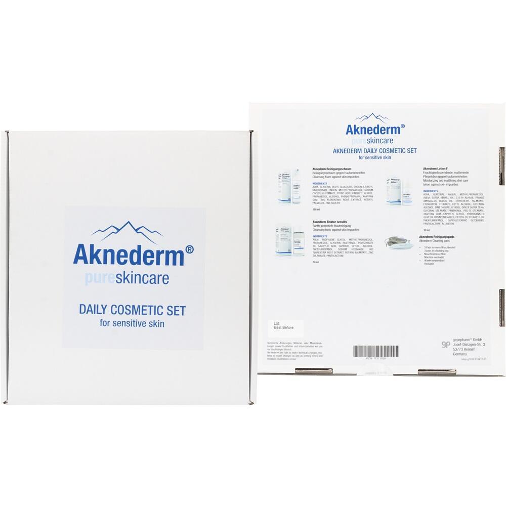 Ein weißer Karton mit der Aufschrift "Aknederm Daily Cosmetic Set" für empfindliche Haut.