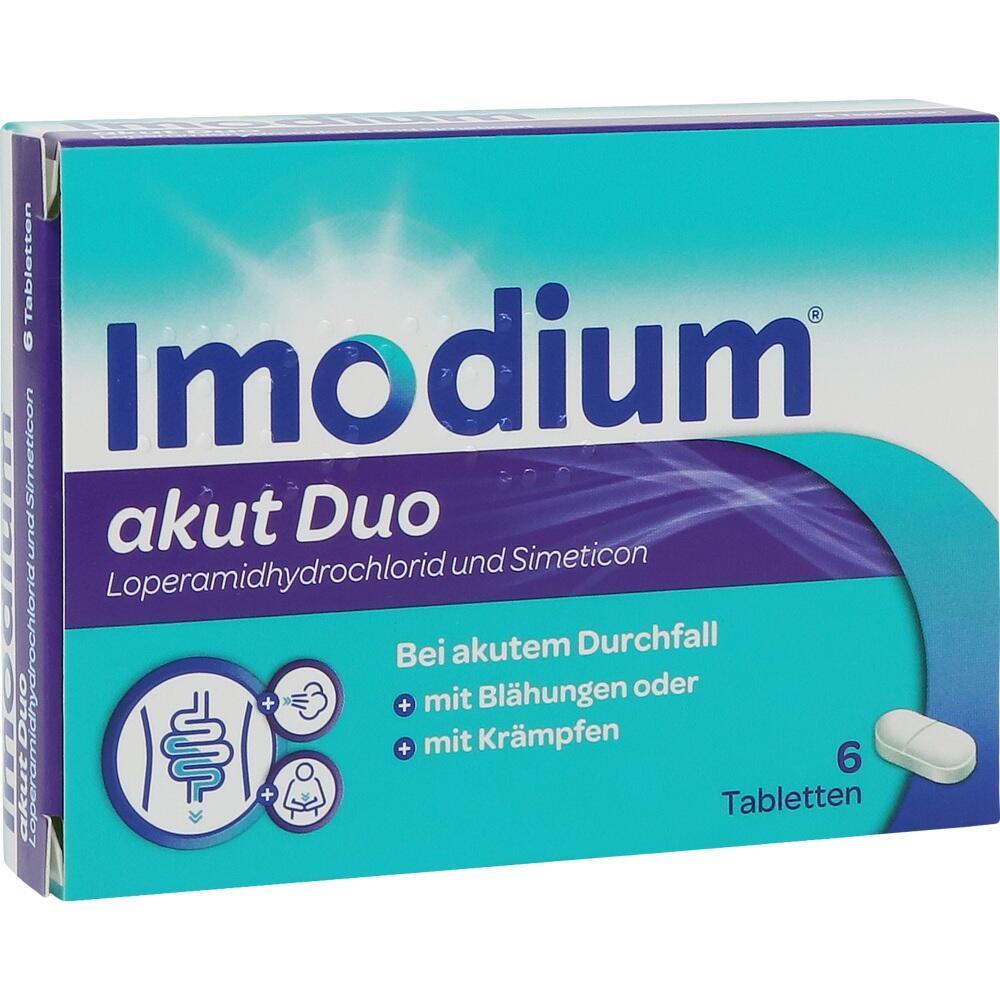 Verpackung von Imodium akut Duo Tabletten gegen Durchfall, Blähungen und Krämpfe.