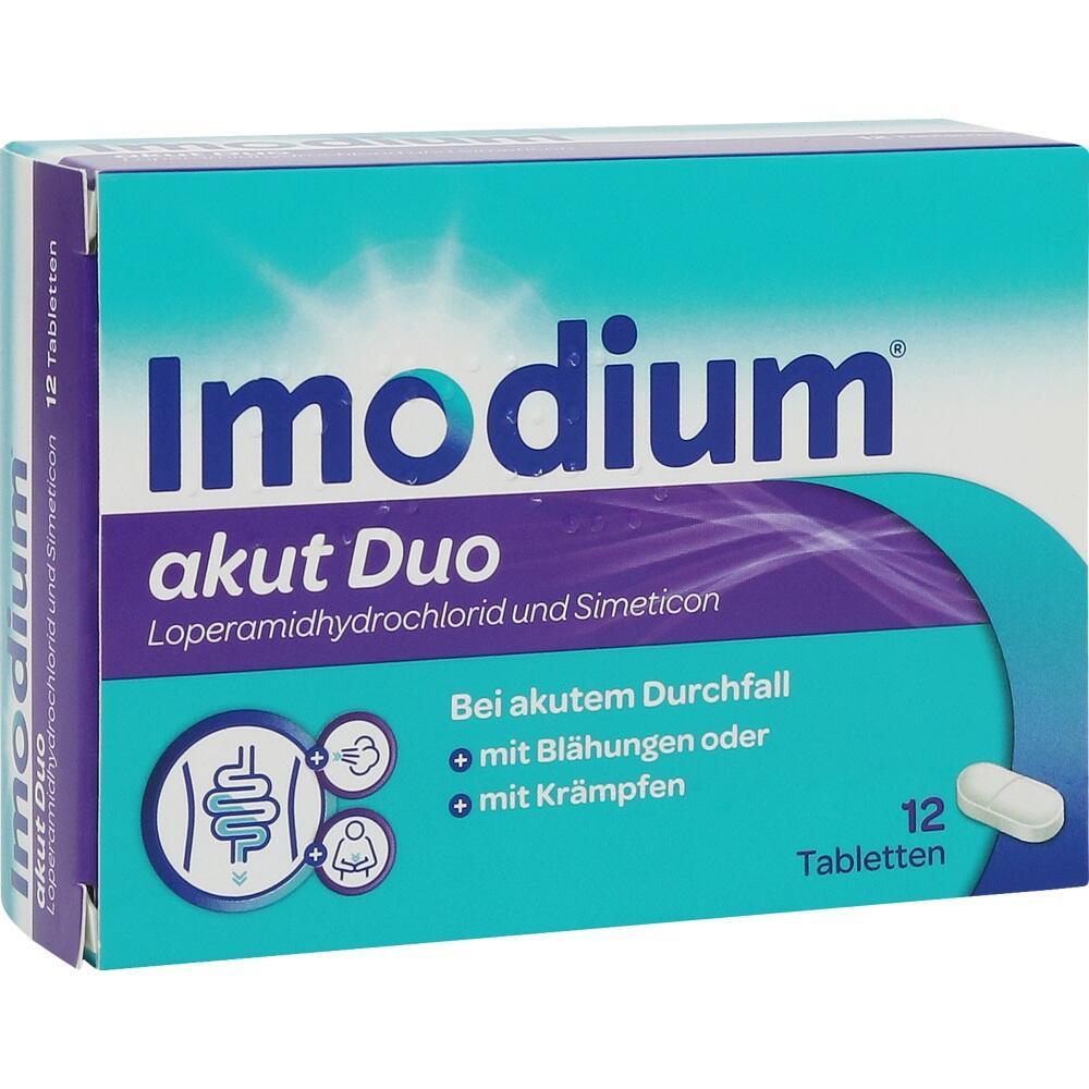Verpackung von Imodium akut Duo Tabletten gegen Durchfall, Blähungen und Krämpfe.