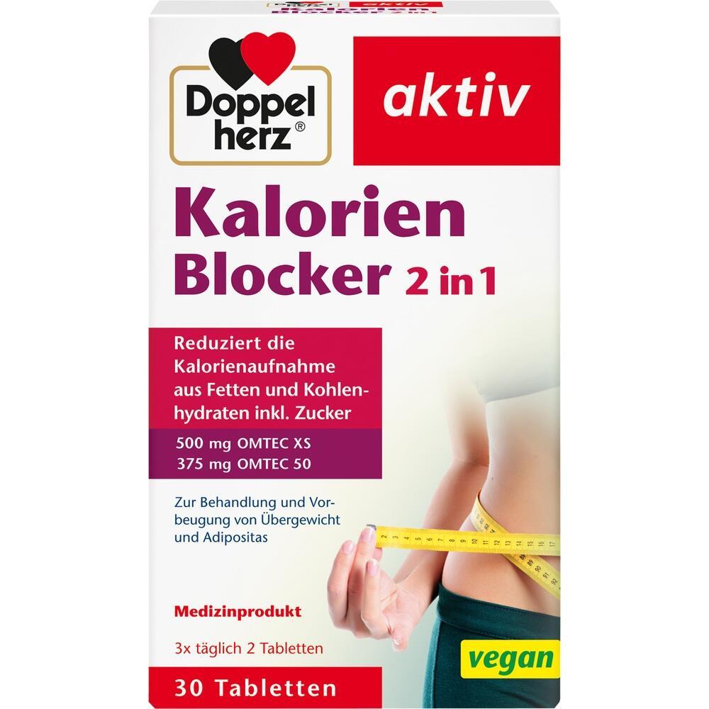 Verpackung von "Doppelherz Kalorien Blocker" mit Ma&szlig;band und veganem Hinweis.