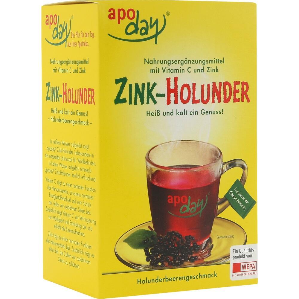 Gelbe Packung mit einem Glas roten Holunderbeergetränks auf dem Etikett.